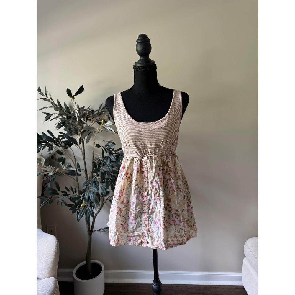 Mossimo Supply Co Floral Patchwork Striped Empire Waist Tunic Top Pink Tan M